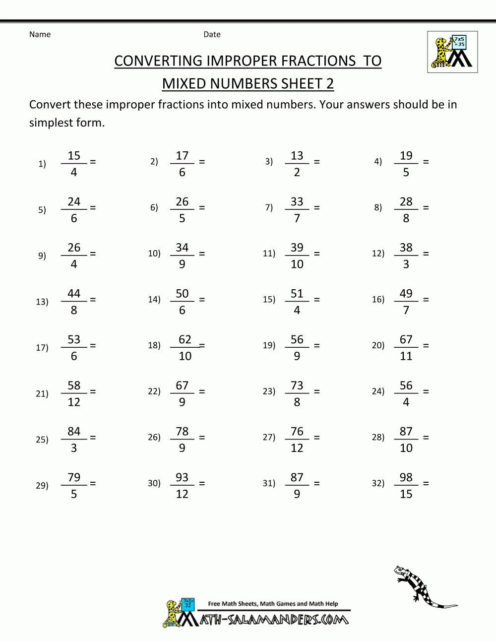 Converting Fractions Improper To Mixed Numbers Worksheet