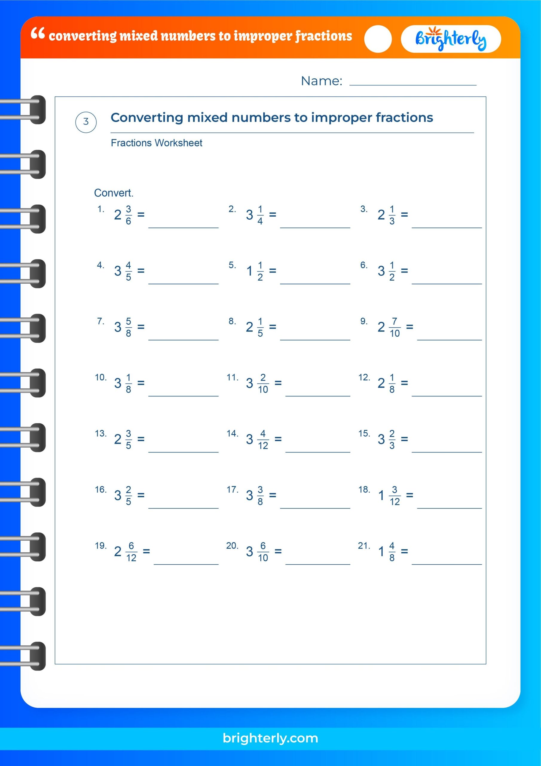 Converting Mixed Numbers To Improper Fractions Worksheets PDFs 