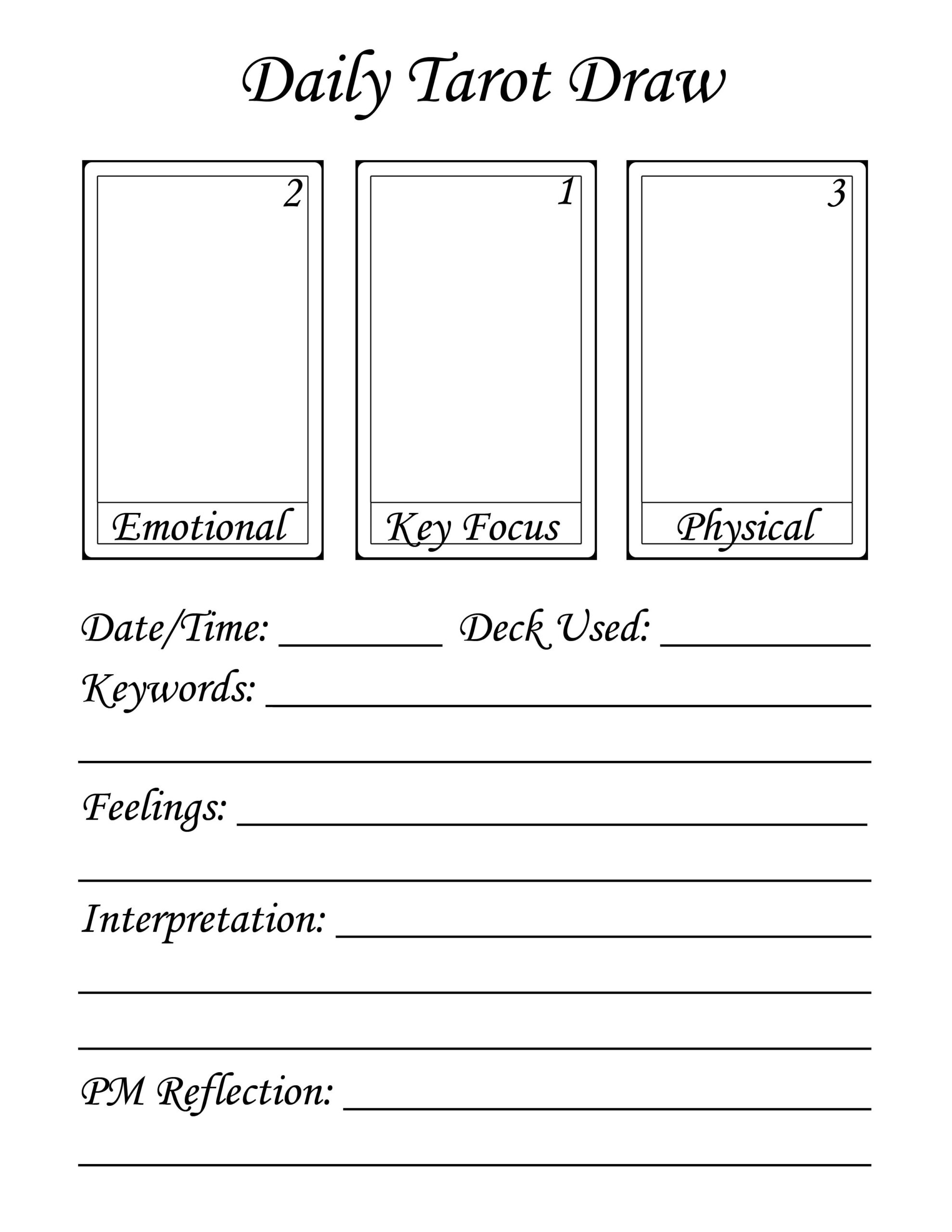 Daily Tarot Draw Worksheet For Tarot Card Readers