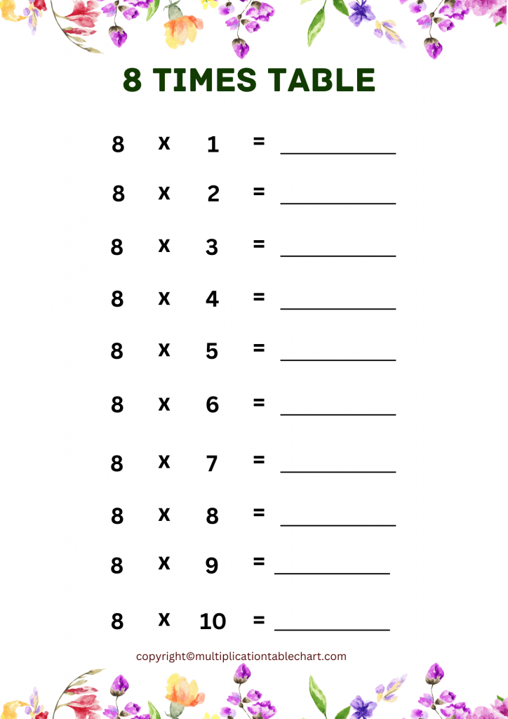 Eight Times Table Worksheet Multiplication Table