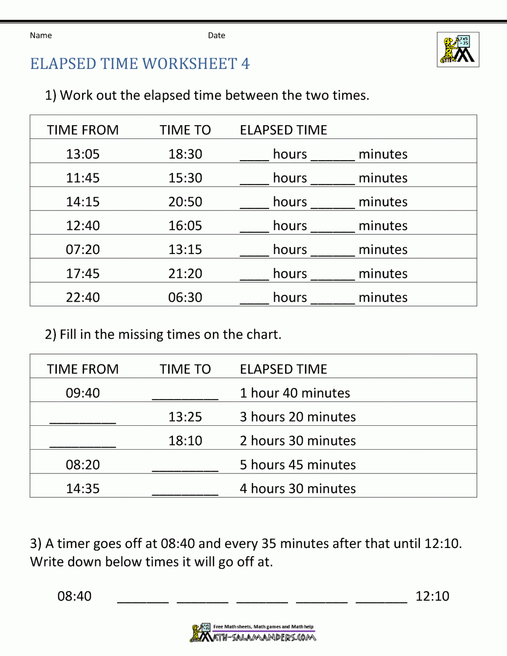 Elapsed Time Worksheets