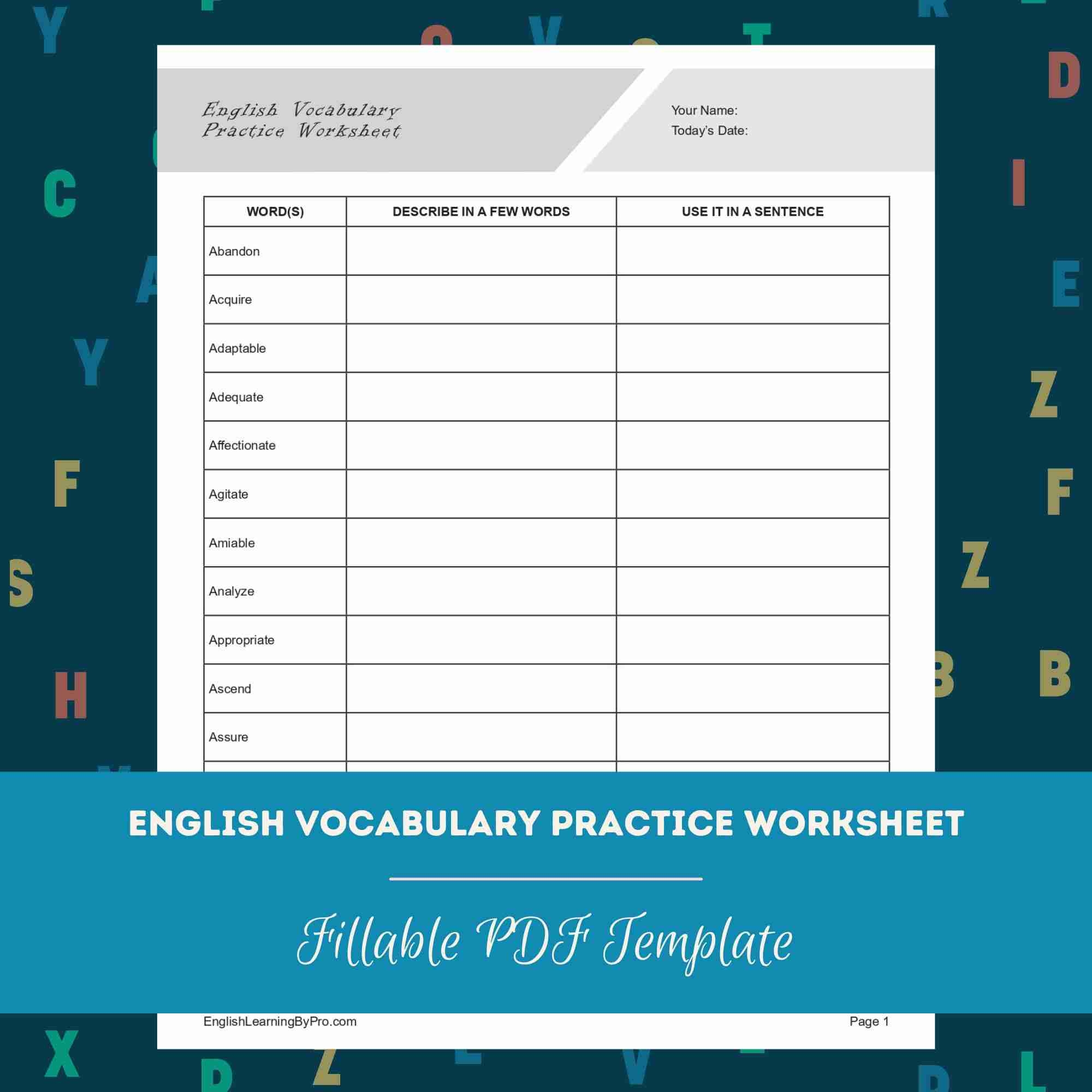 English Vocabulary Practice Worksheet Editable Fillable Printable 