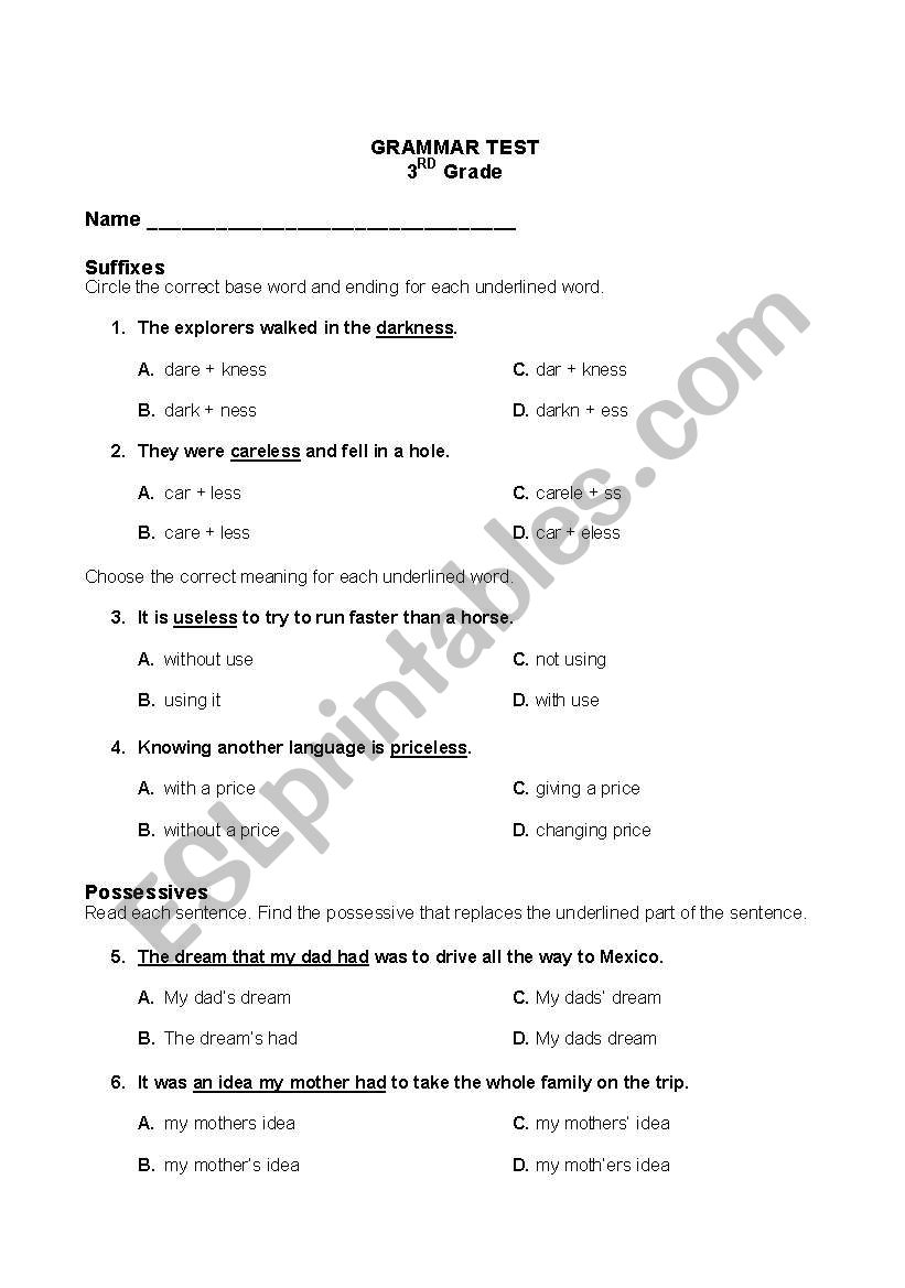 English Worksheets 3rd Grade Grammar Test