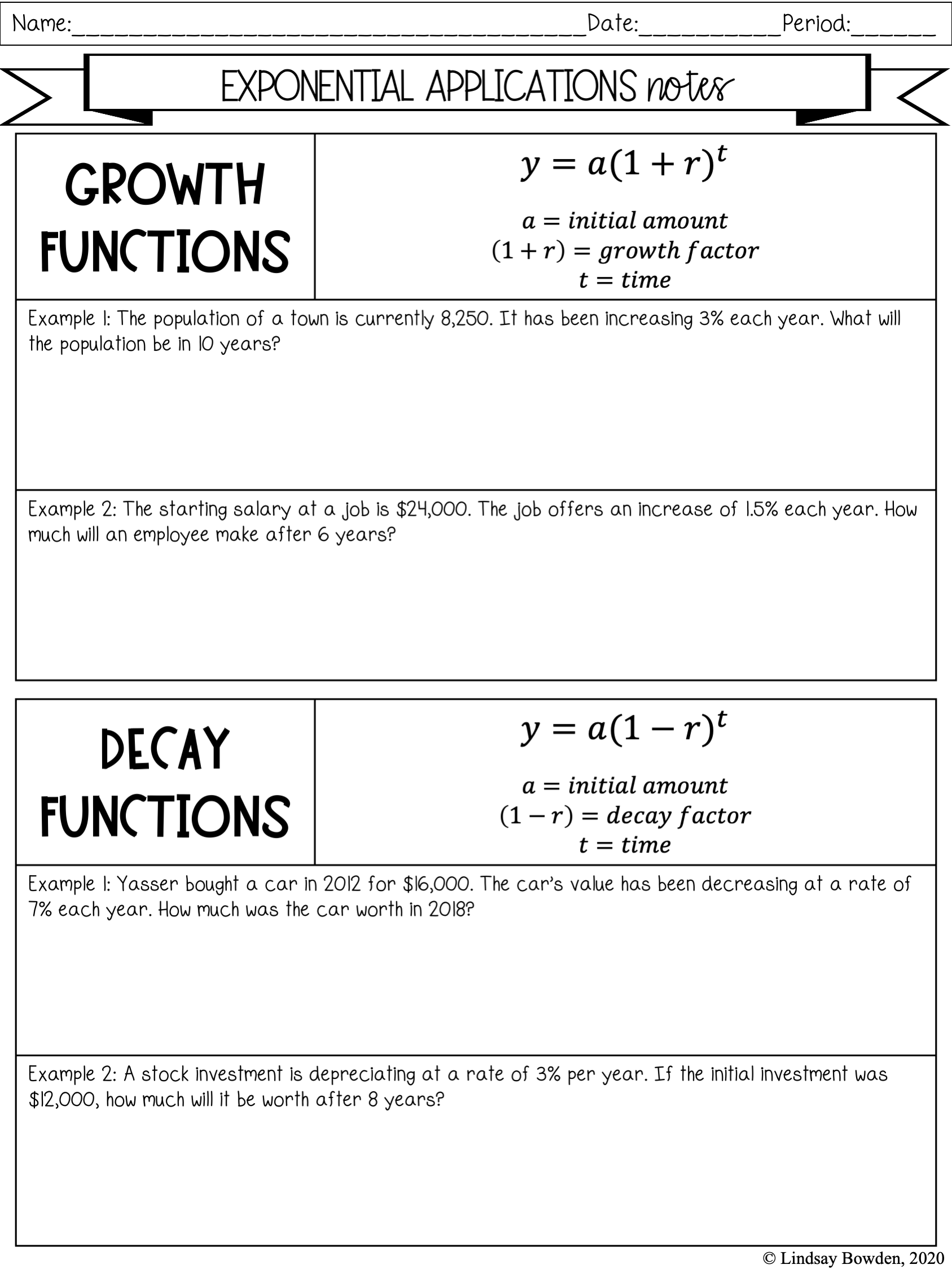 Exponential Functions Notes And Worksheets Lindsay Bowden 