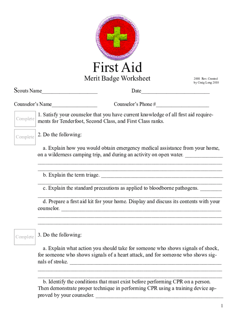 Fillable Online First Aid Merit Badge Worksheet 2008 Skills 