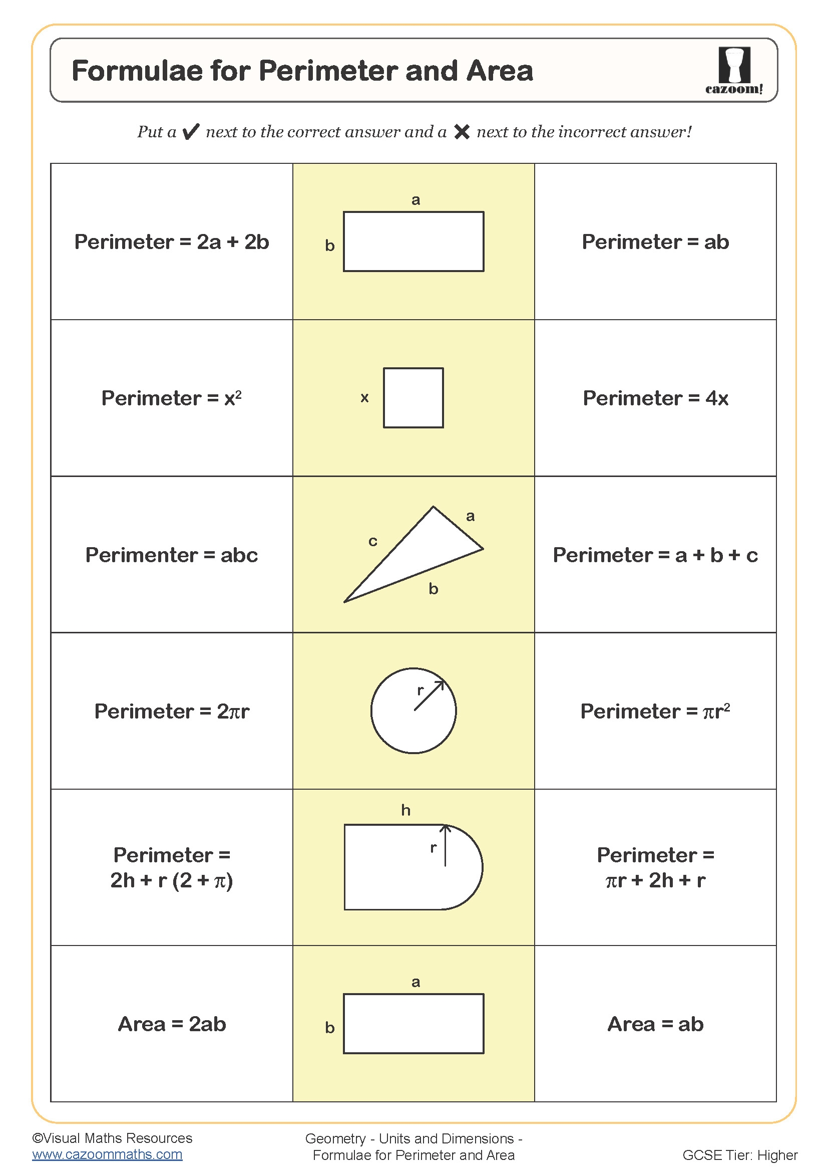 Formulae For Perimeter And Area Worksheet Cazoom Maths Worksheets