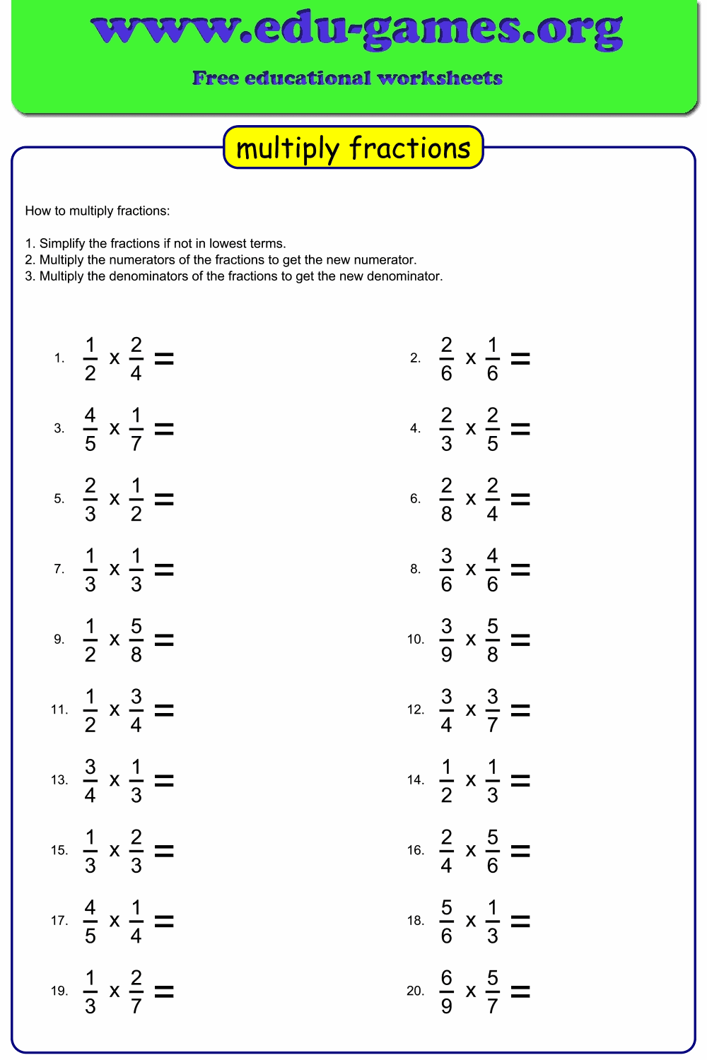 Fractions Multiplication Worksheets Multiplication Worksheets