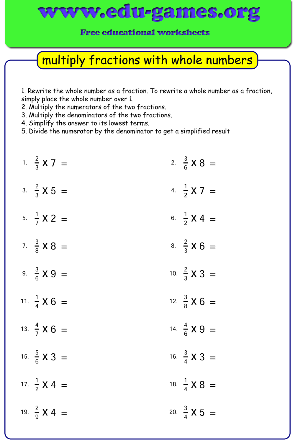 Fractions Multiplication Worksheets Multiplication Worksheets