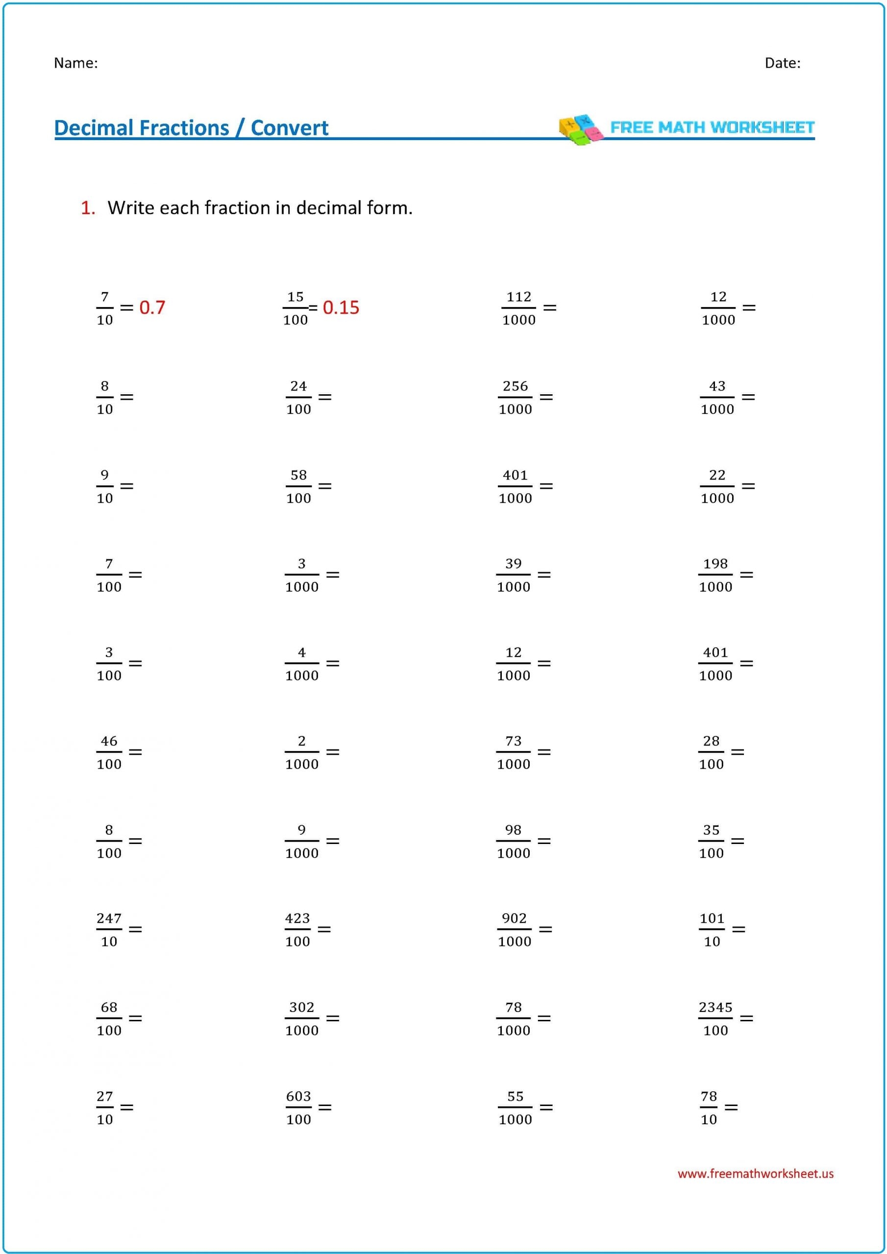 Fractions To Decimals Free Math Worksheets Worksheets Library