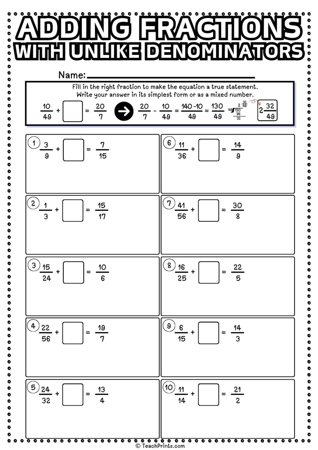 Free Adding Fractions With Unlike Denominators Worksheets Teach Prints