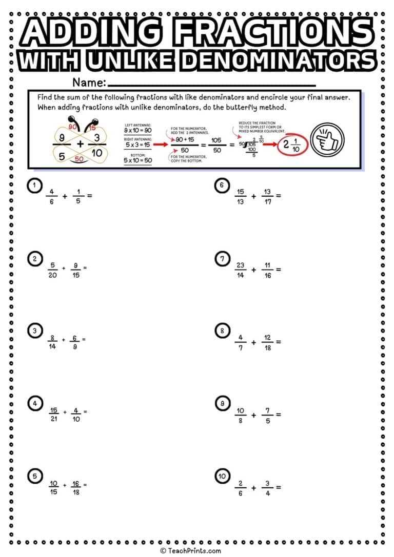 Free Adding Fractions With Unlike Denominators Worksheets Teach Prints