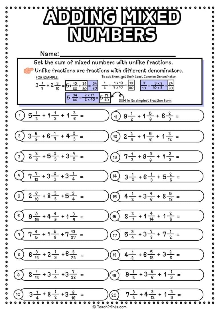Free Adding Mixed Numbers Worksheets Teach Prints