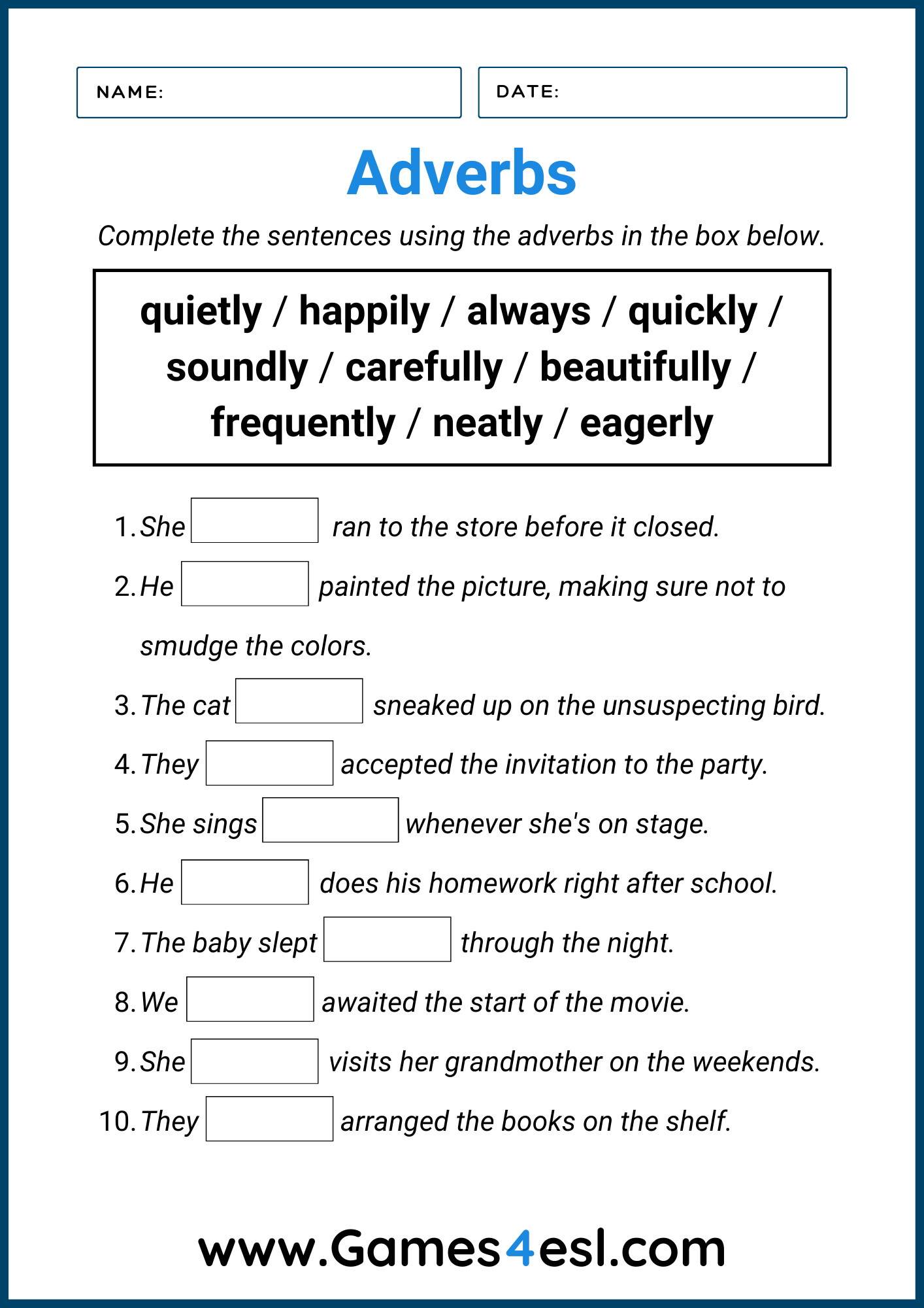 Free Adverb Worksheets Games4esl