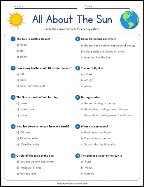 Free All About The Sun Worksheet Packet The Simple Homeschooler