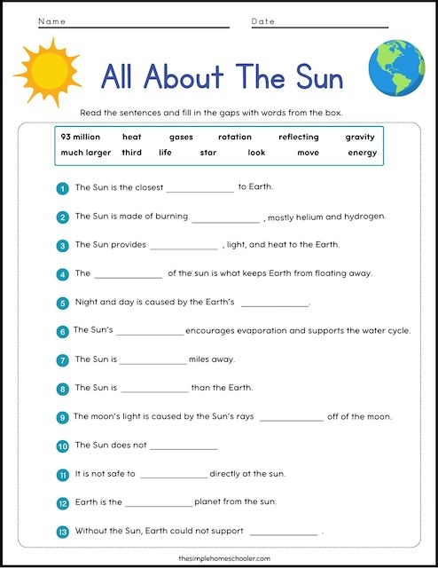 Free All About The Sun Worksheet Packet The Simple Homeschooler