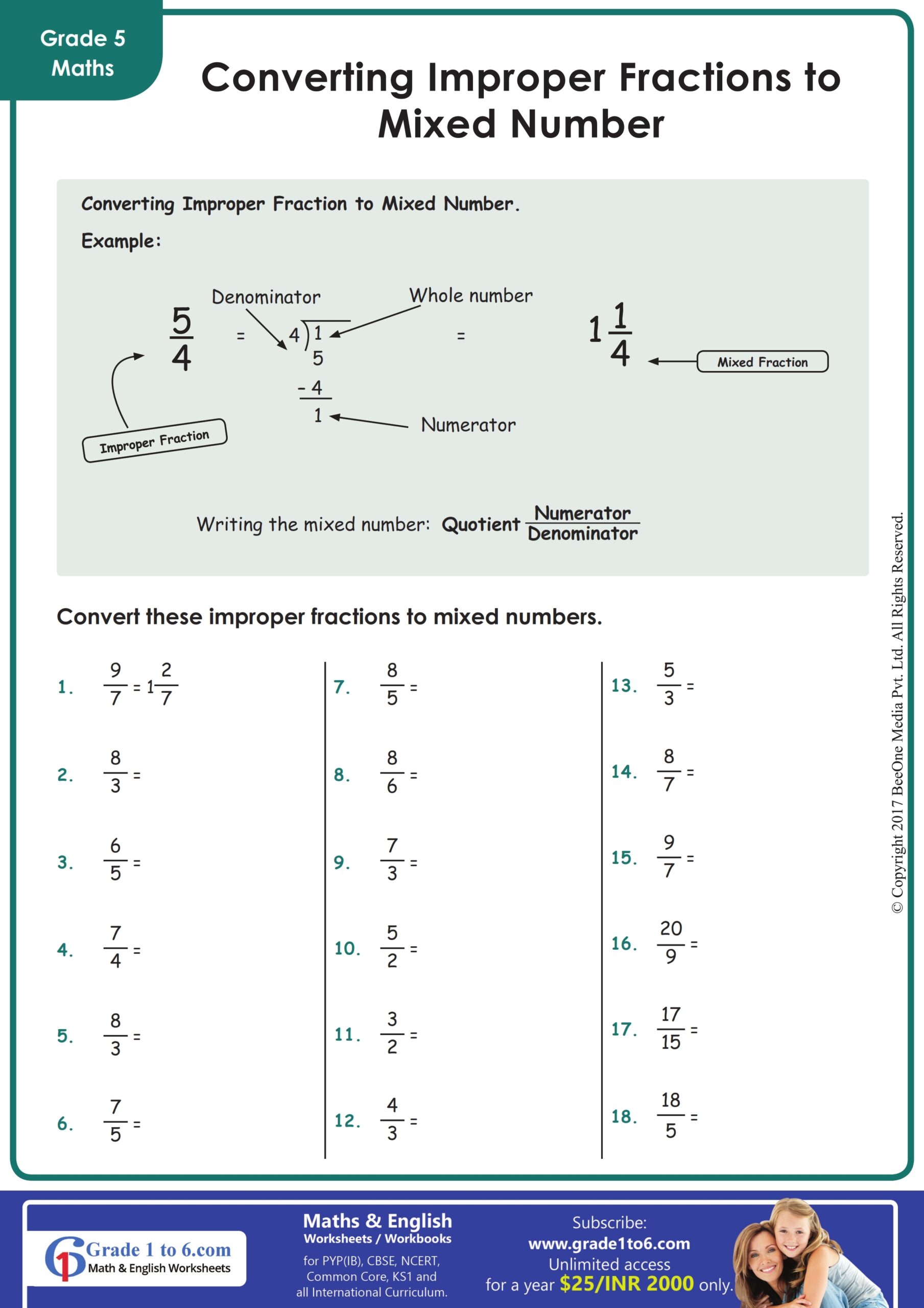 Free Improper Fractions To Mixed Numbers Worksheet Pdf Download Free 
