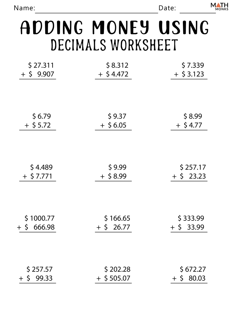 Free Printable Adding Decimals Worksheet