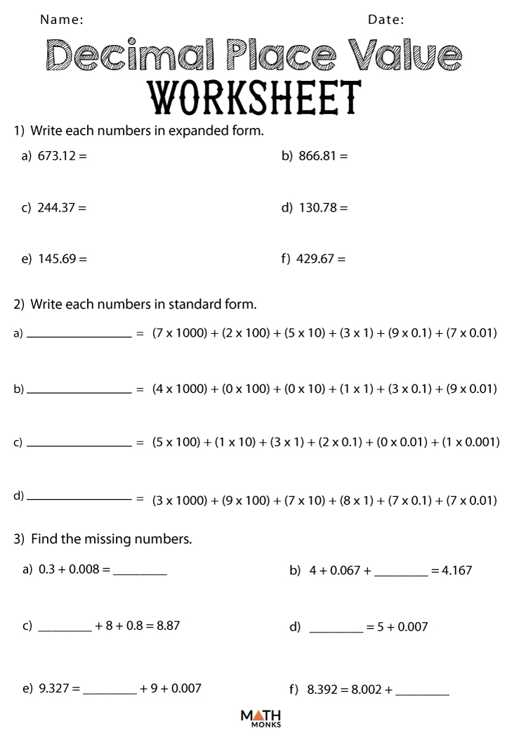 Free Printable Decimal Place Value Worksheets For Kids Worksheets 