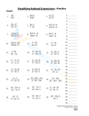 Free Printable Simplifying Rational Expressions Worksheets