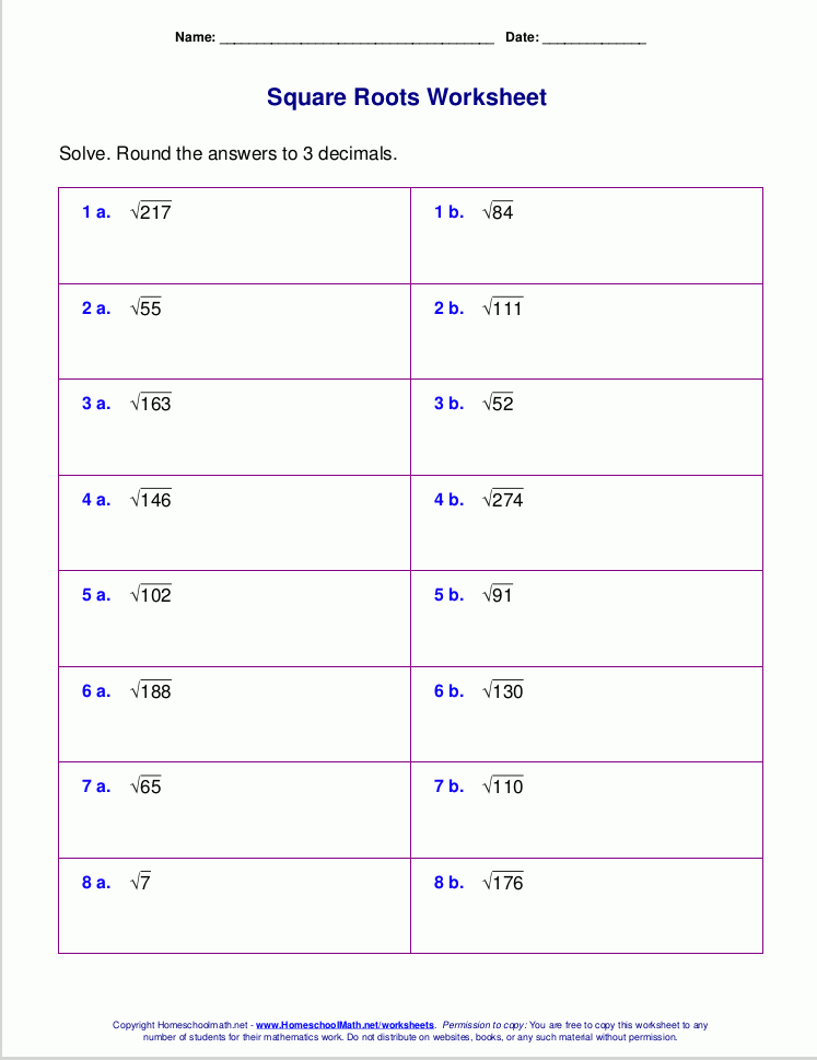 Free Square Root Worksheets PDF And Html 