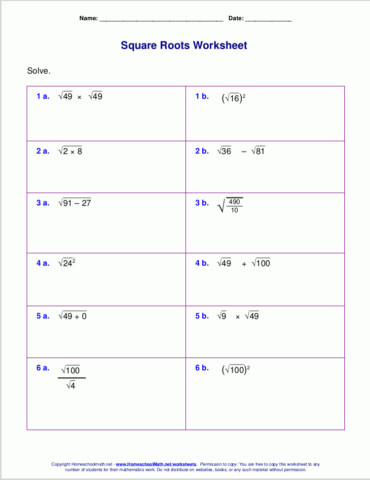 Free Square Root Worksheets PDF And Html 