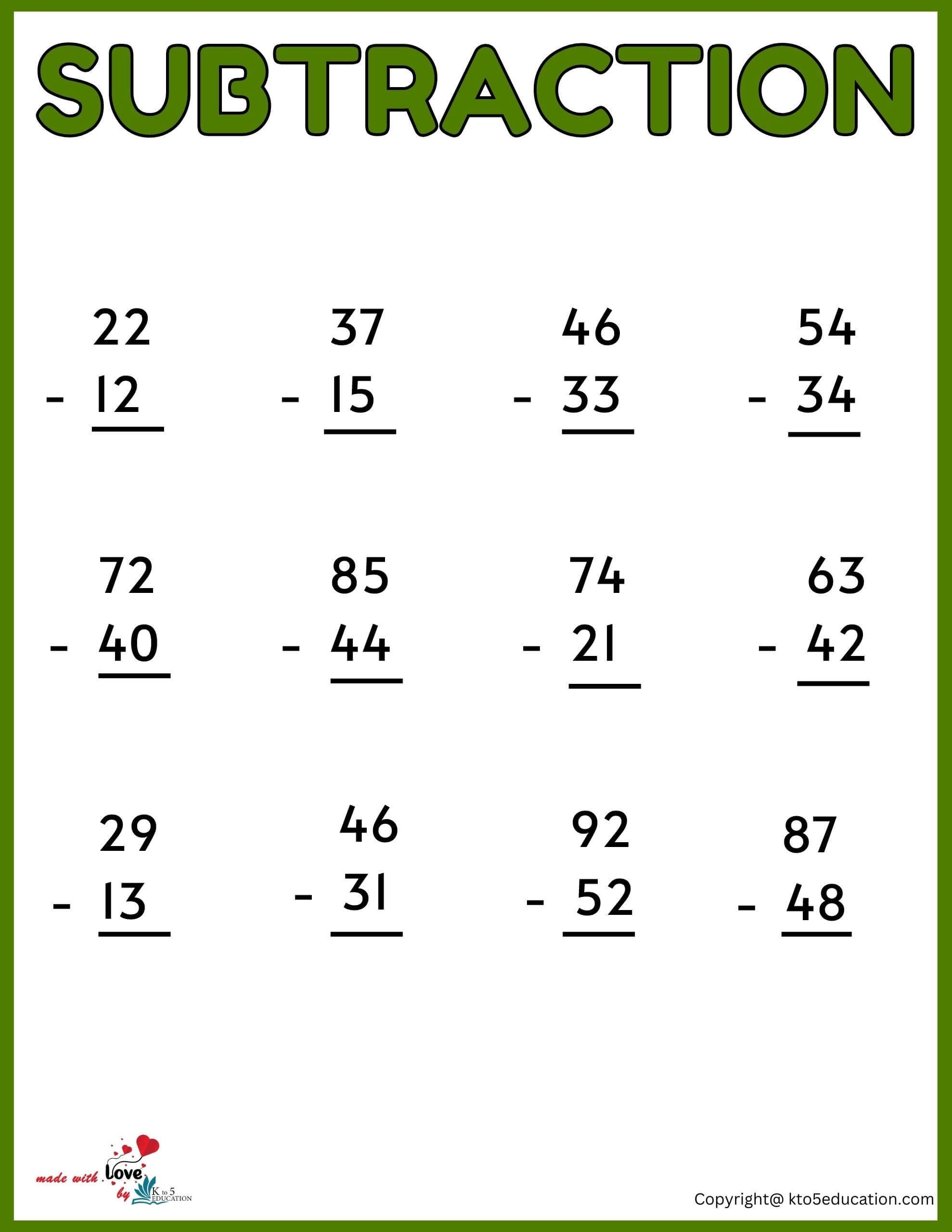 Free Third Grade Subtraction Printable Worksheet