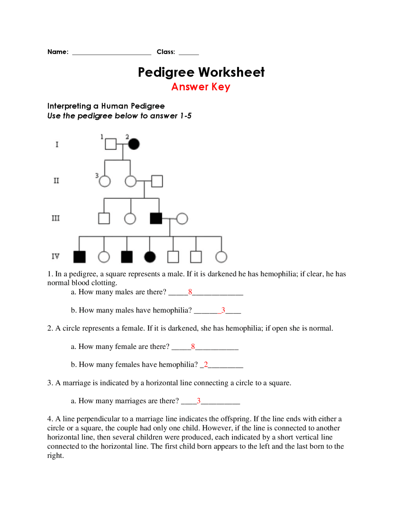 Genetic Pedigree Worksheet Answer Key Printable Word Searches