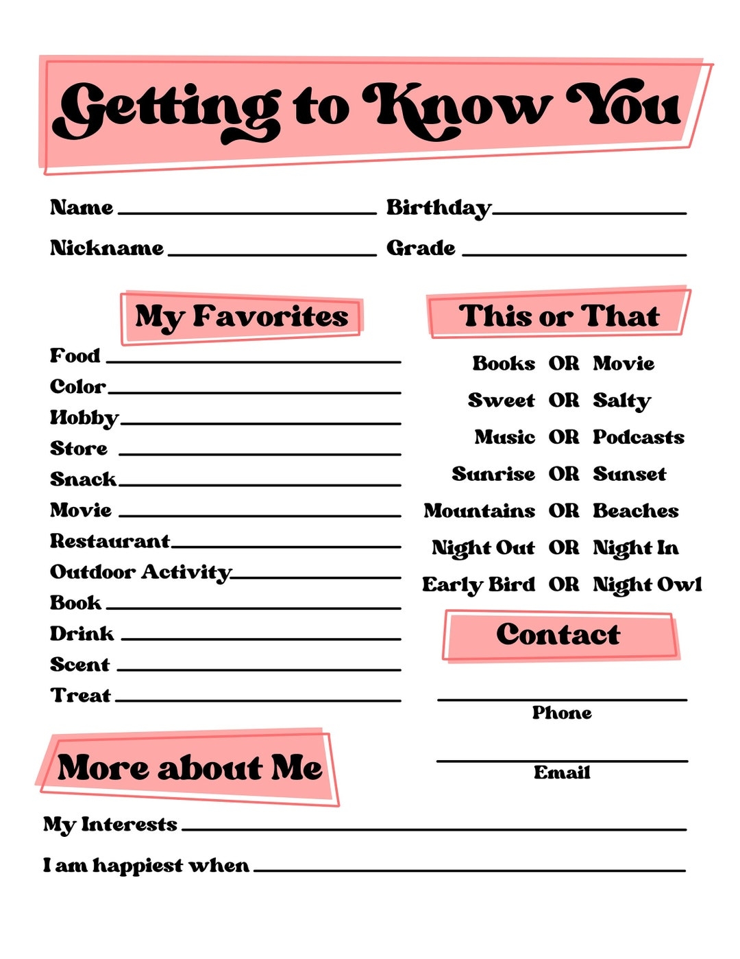 Get To Know You Getting To Know You Page Get To Know You Printable 