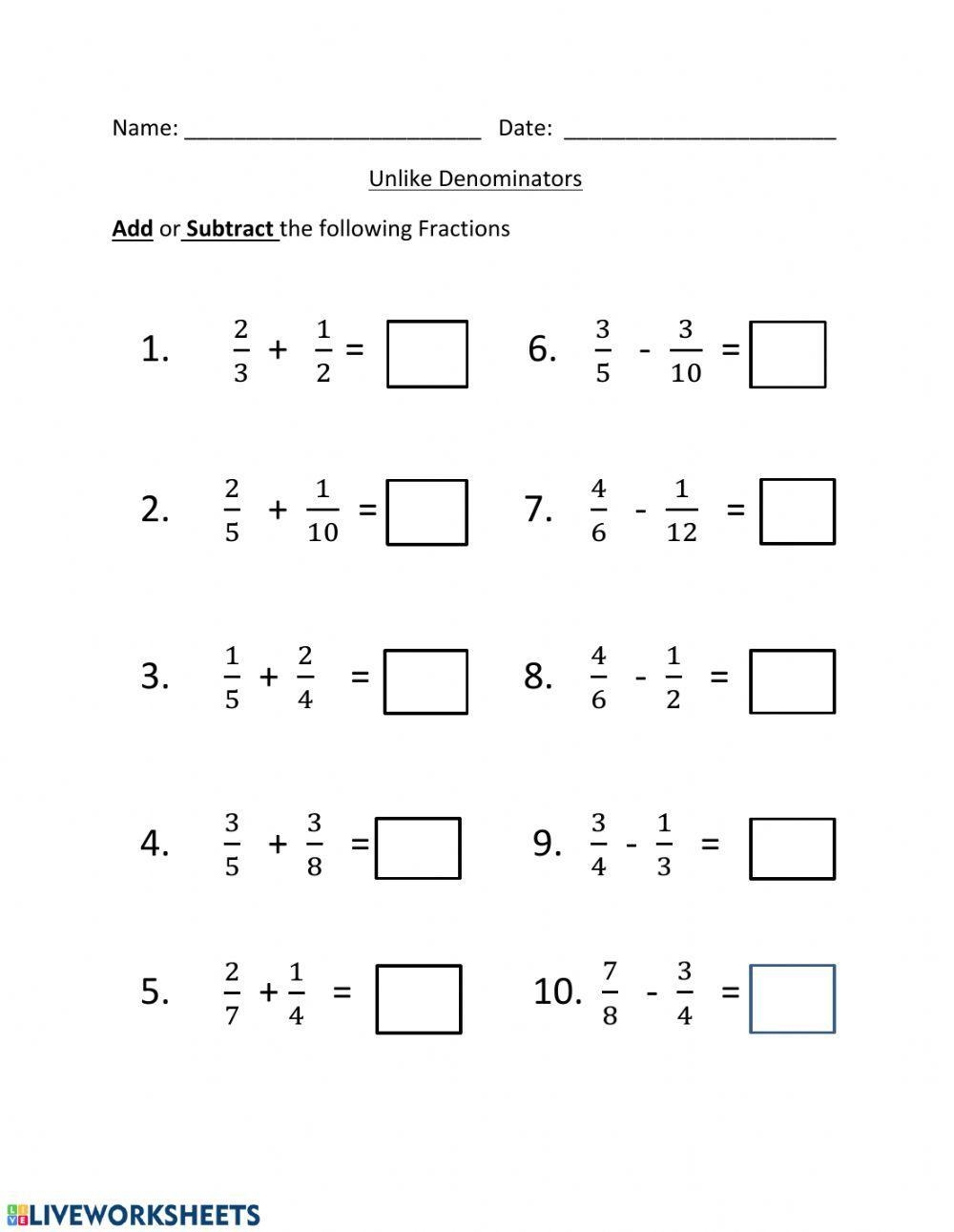 Grade 4 Adding And Subtracting Unlike Fractions Free Download 