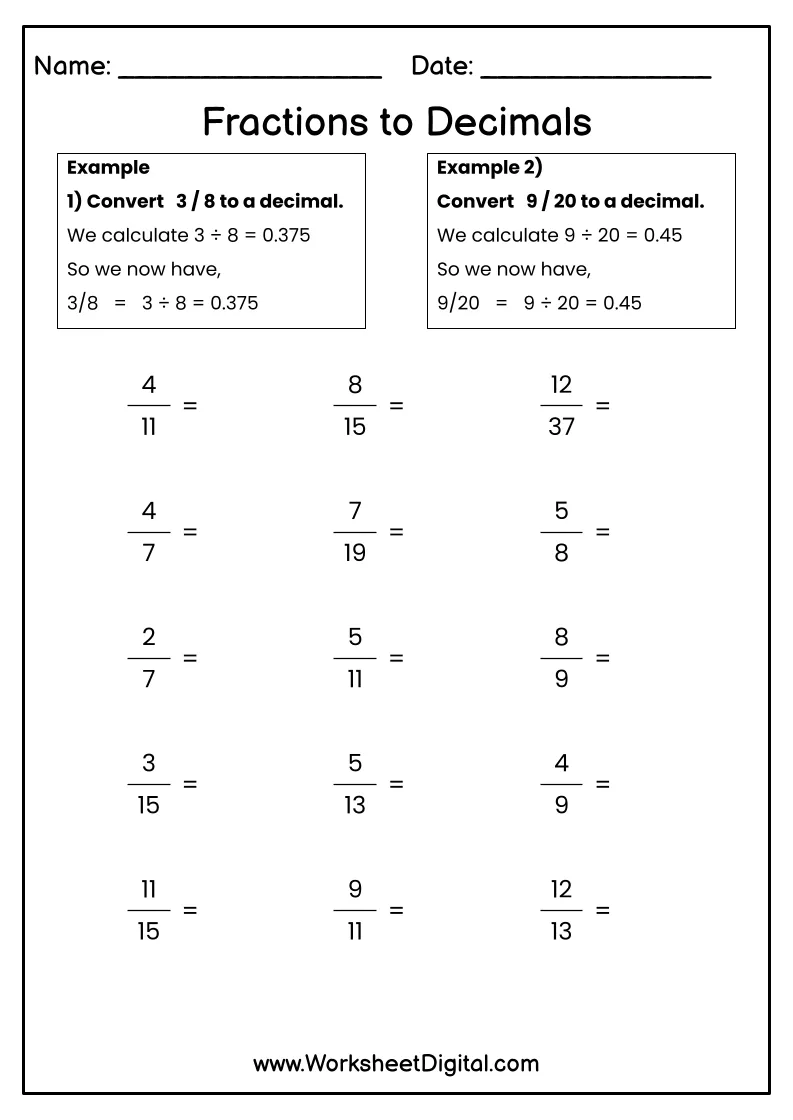 Grade 5 Fractions Worksheet Convert And Simplify Decimals To 