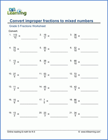 Grade 5 Math Worksheet Fractions Convert Improper Fractions To Mixed 