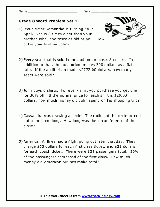 Grade 8 Math Word Problems Free Worksheets Printable