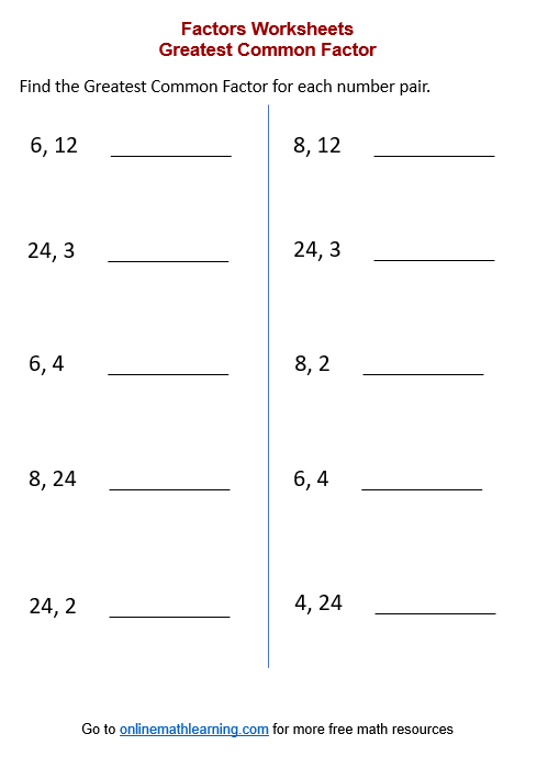 Greatest Common Factor Worksheets printable Online Answers Examples 