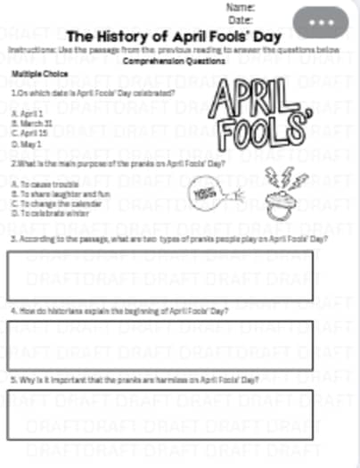 History Of April Fools 39 Day 4th Grade Cloze Reading Passage Worksheet 