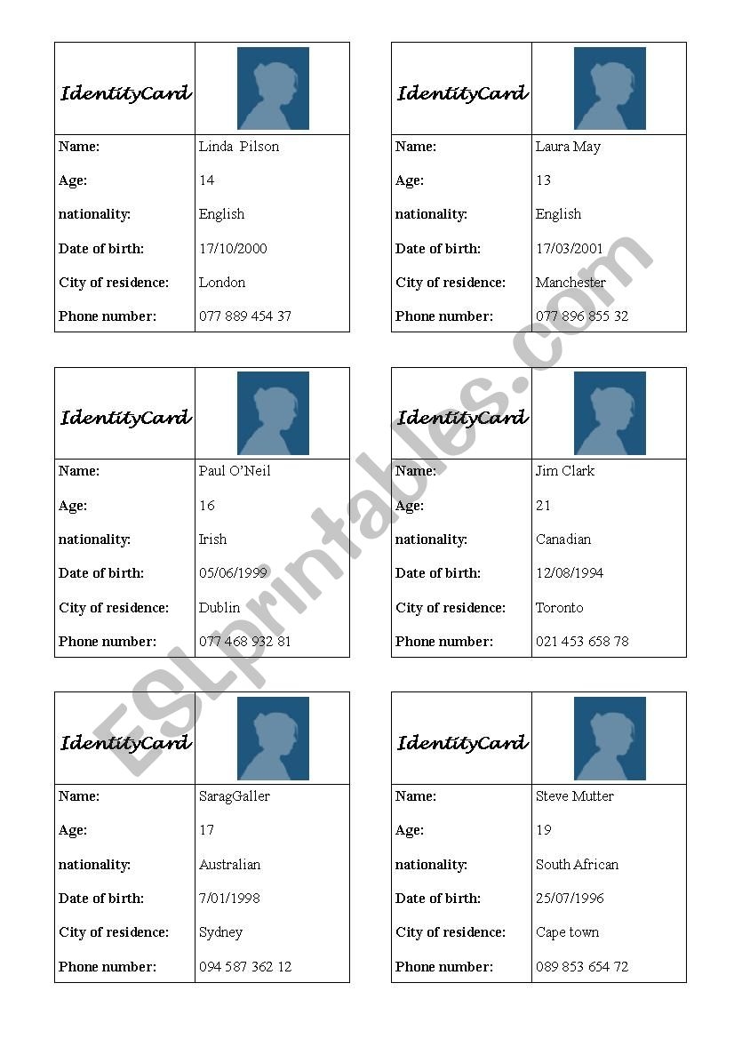 ID Card ESL Worksheet By Elainev