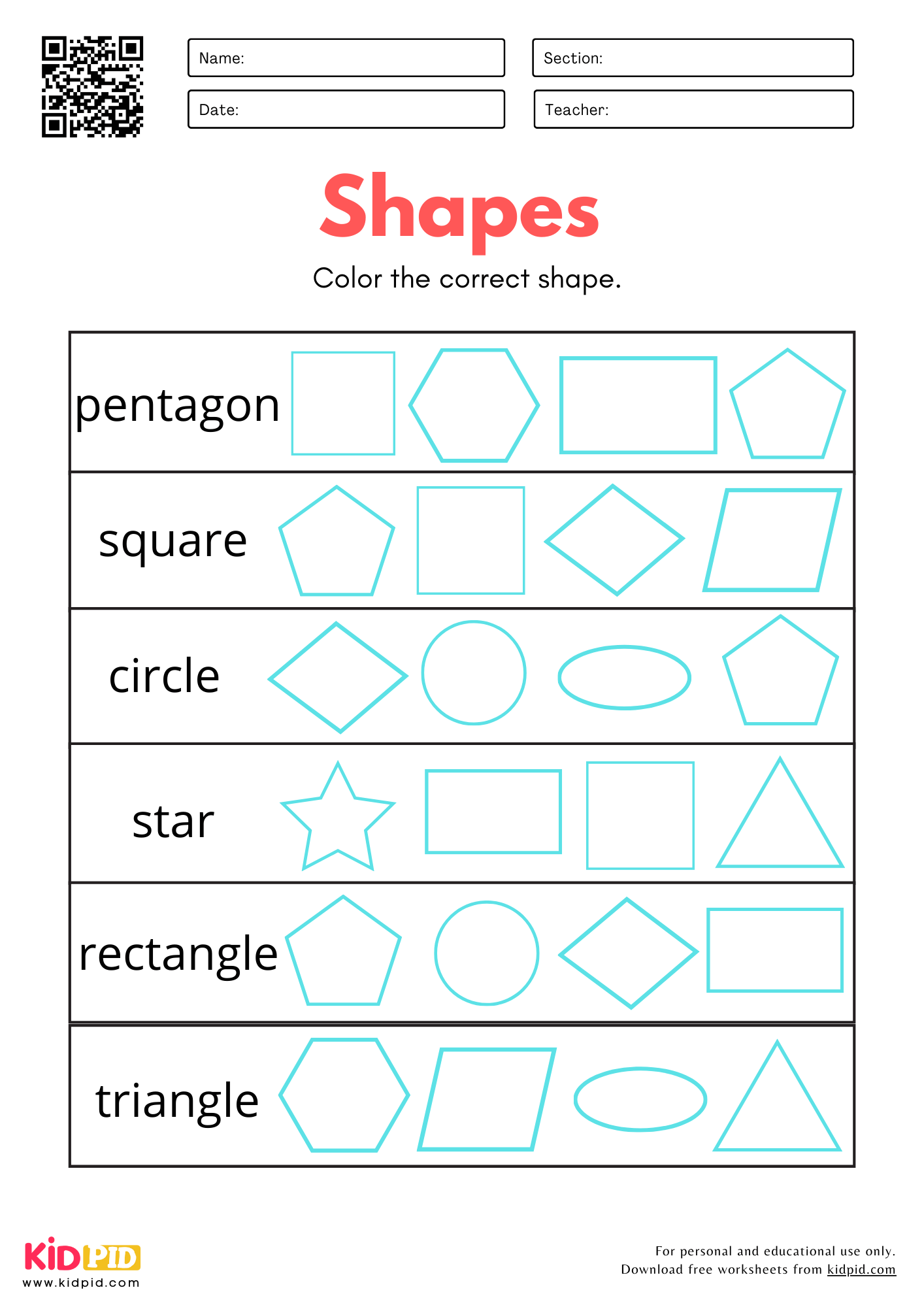 Identify 2D Shapes Worksheet For Kindergarten Kidpid