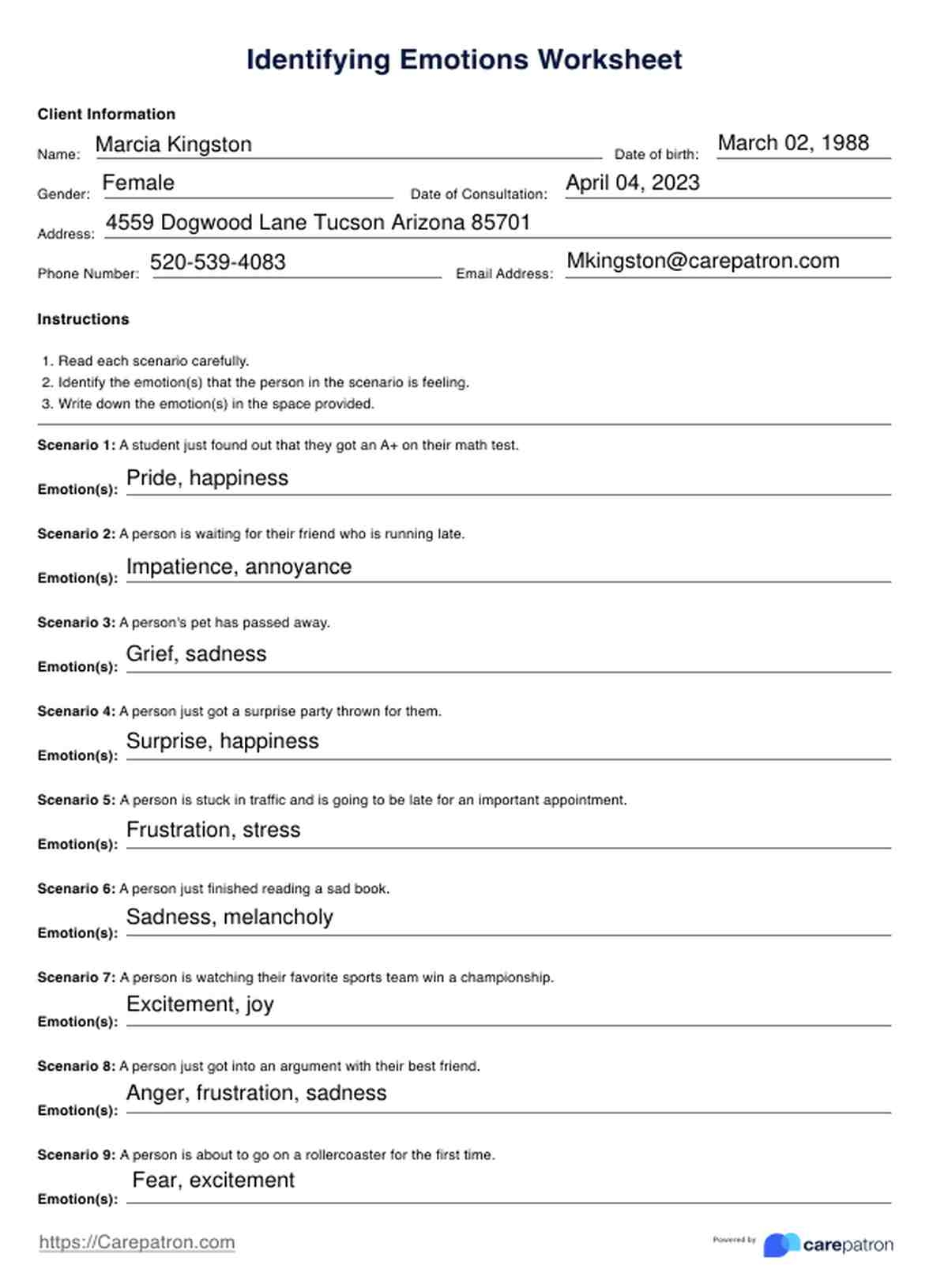 Identifying Emotions Worksheet Example Free PDF Download