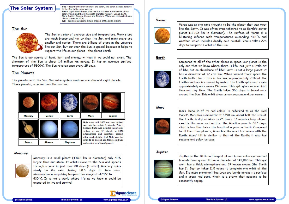 Introduction To Our Solar System Physics Worksheet For Year 5 Science 