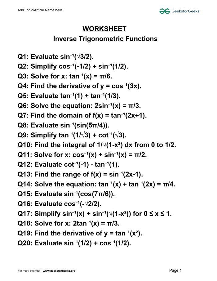 Inverse Trigonometric Functions Practice Problems GeeksforGeeks