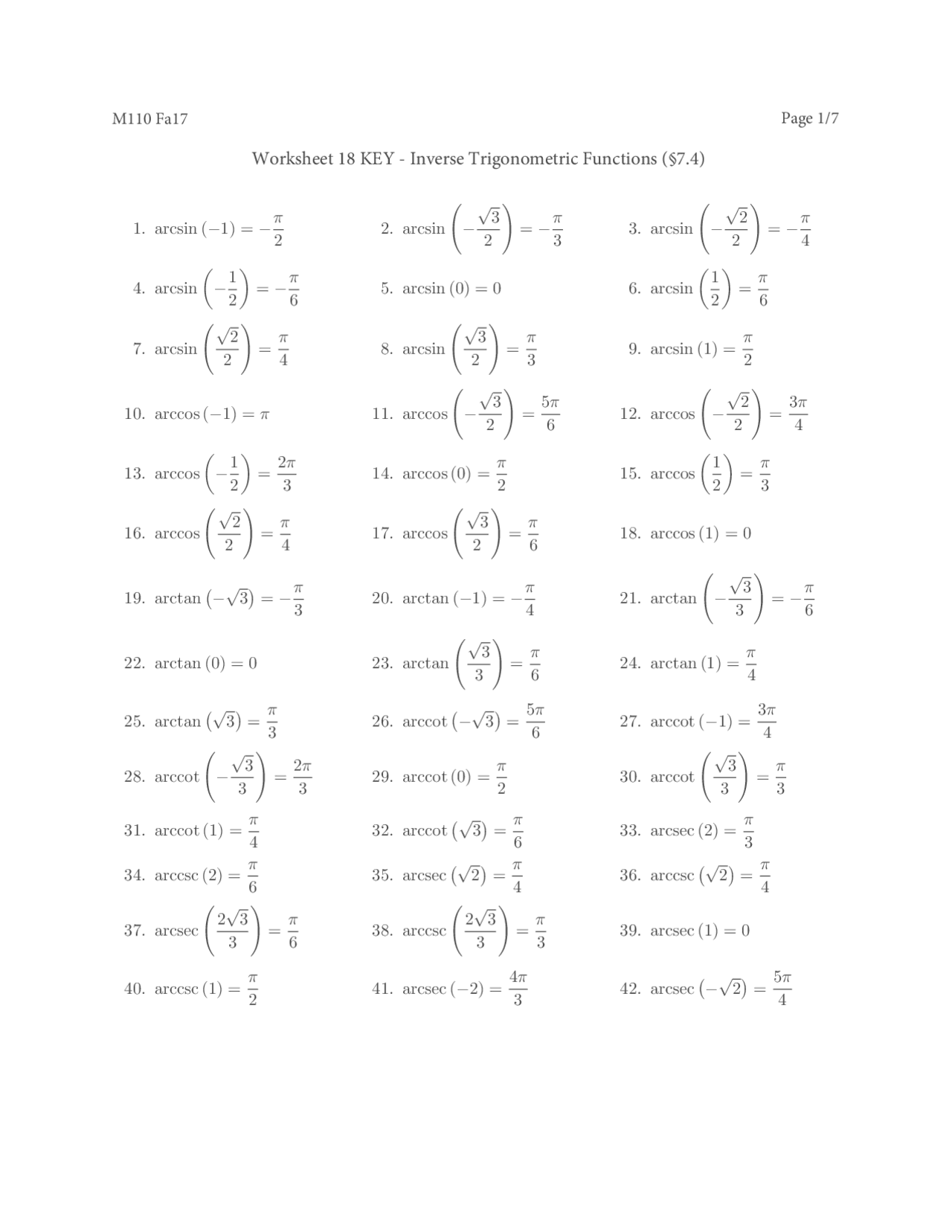 Inverse Trigonometric Functions Worksheet Pdf