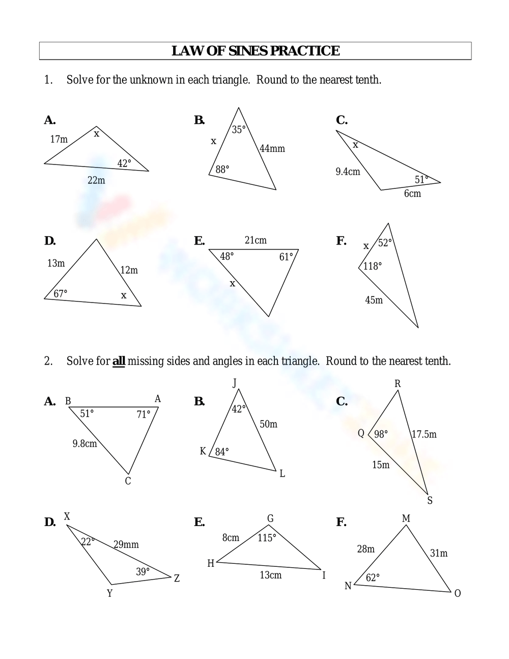 LAW OF SINES PRACTICE Worksheet Worksheets Library