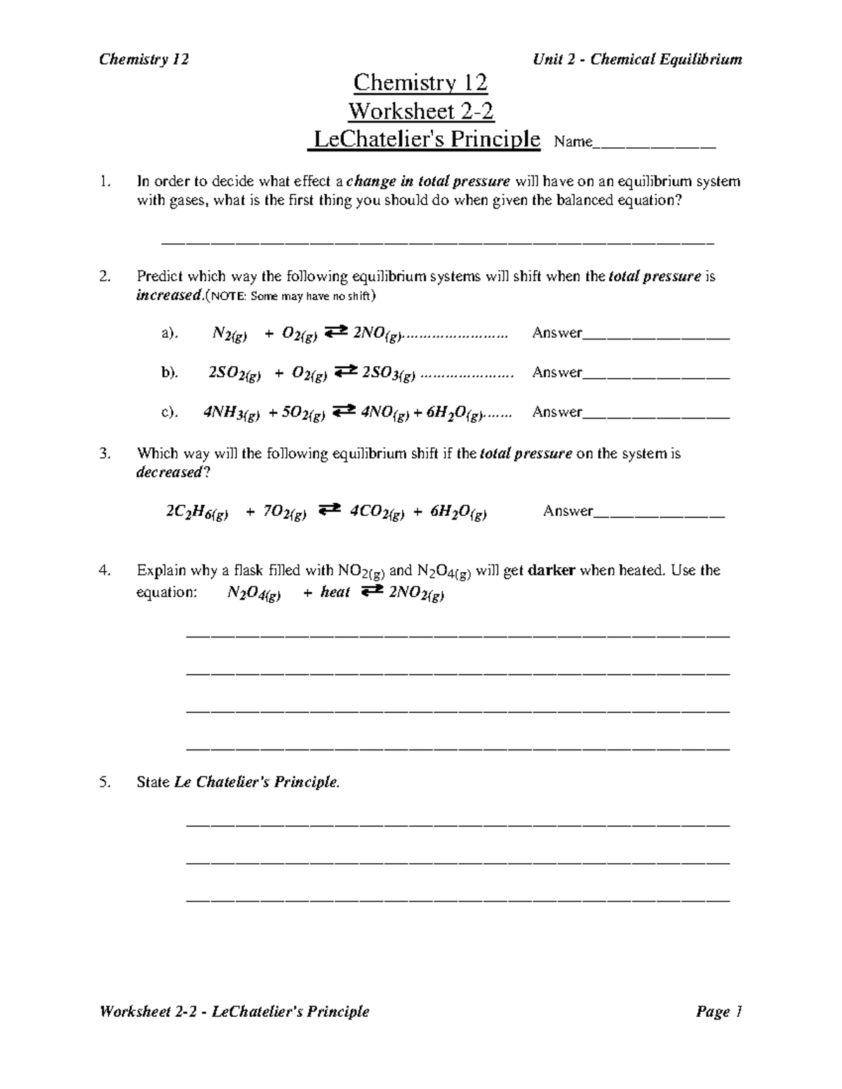Le Chatelier 39 s Principle Chemistry Practice Worksheet CHEM 1060 U 