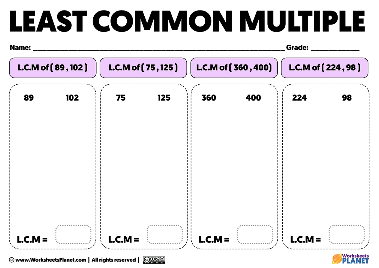 Least Common Multiple Exercises L C M Worksheets