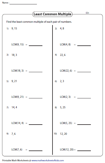 Least Common Multiple Worksheets
