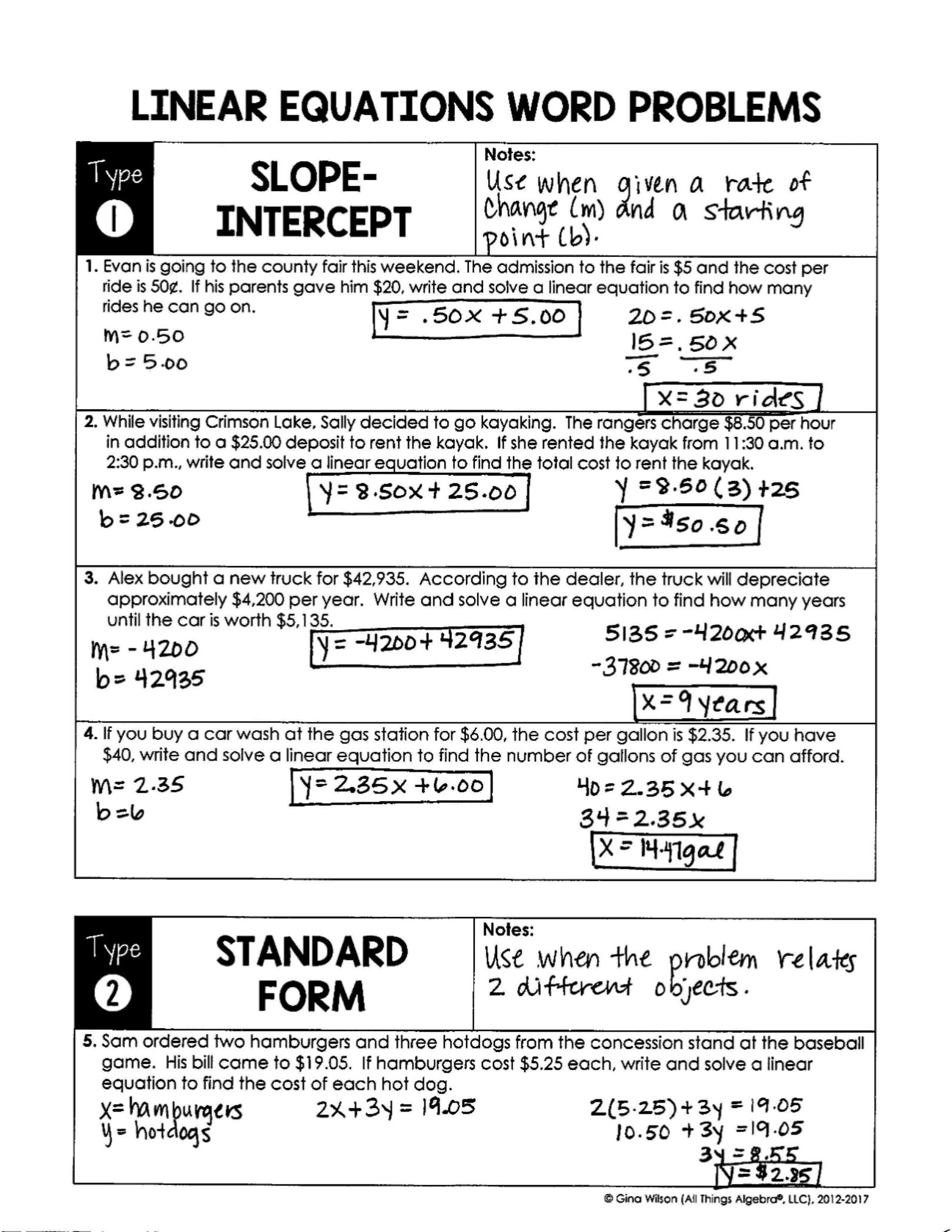 Linear Word Problem Worksheet