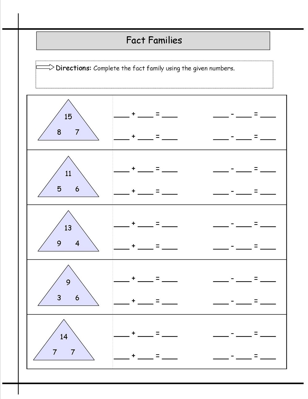 Math Fact Families Worksheets Activity Shelter