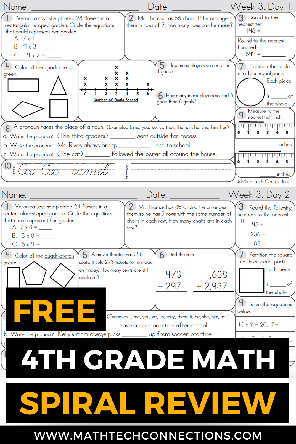 Math Spiral Review 4th Grade Worksheets Free Printable