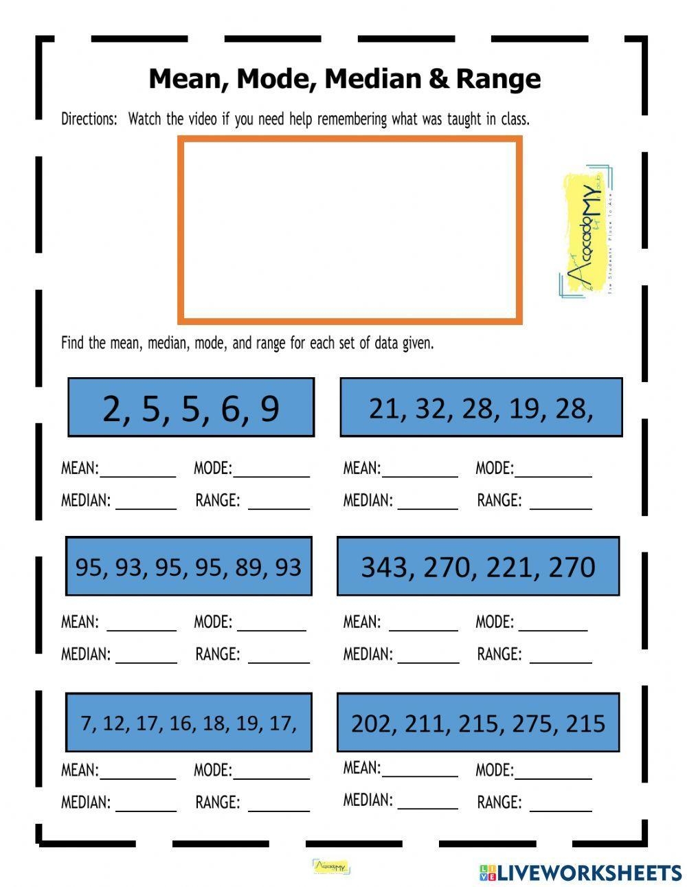 Mean Median Mode And Range Worksheet Live Worksheets Worksheets 