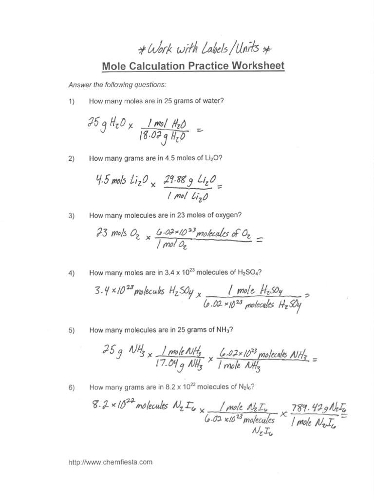 Mole Calculation Practice WKST Work Shown PDF Worksheets Library