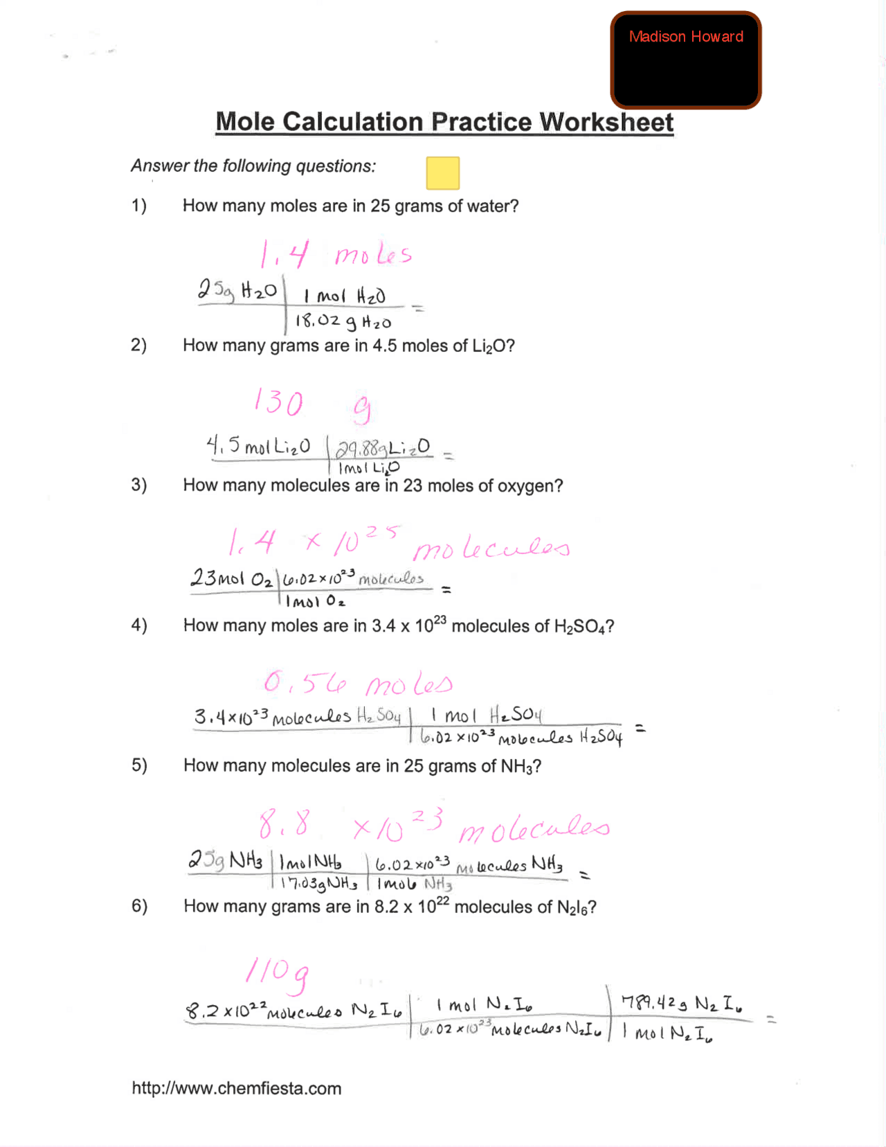 Mole Calculation Practice Worksheet 44 OFF